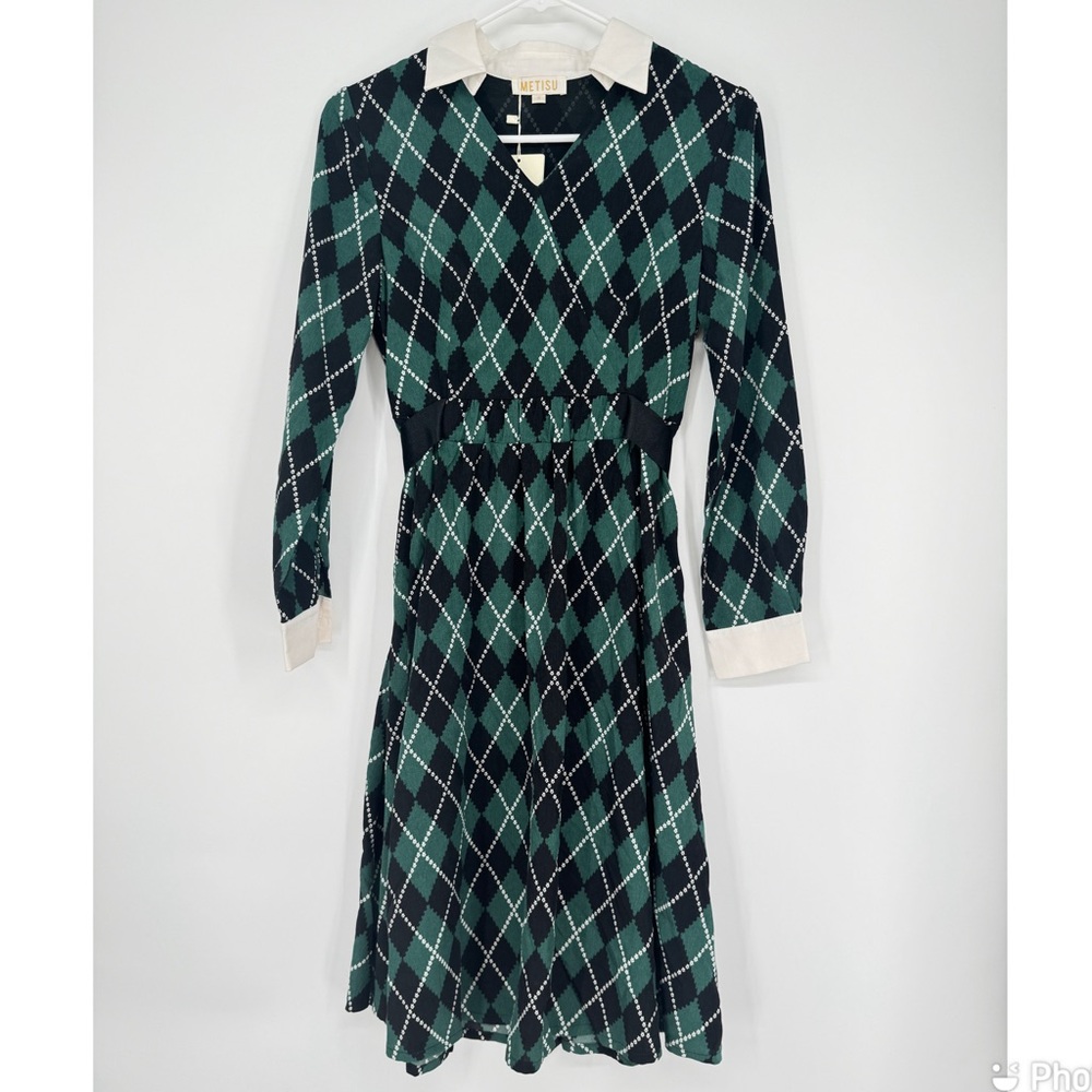 5/$25 NEW METISU long sleeve green plaid dress